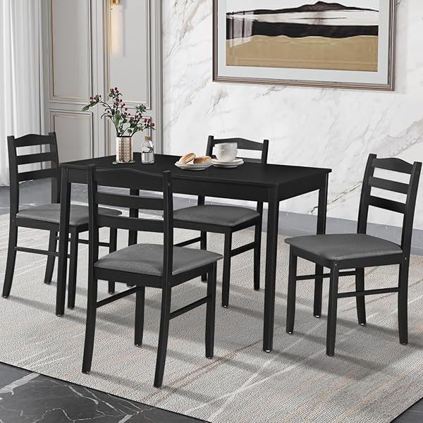 Dining Table Set for 4, 5-Piece Wood Modern Rectangular Dining Table Set for Home with 4 Upholstered Chairs