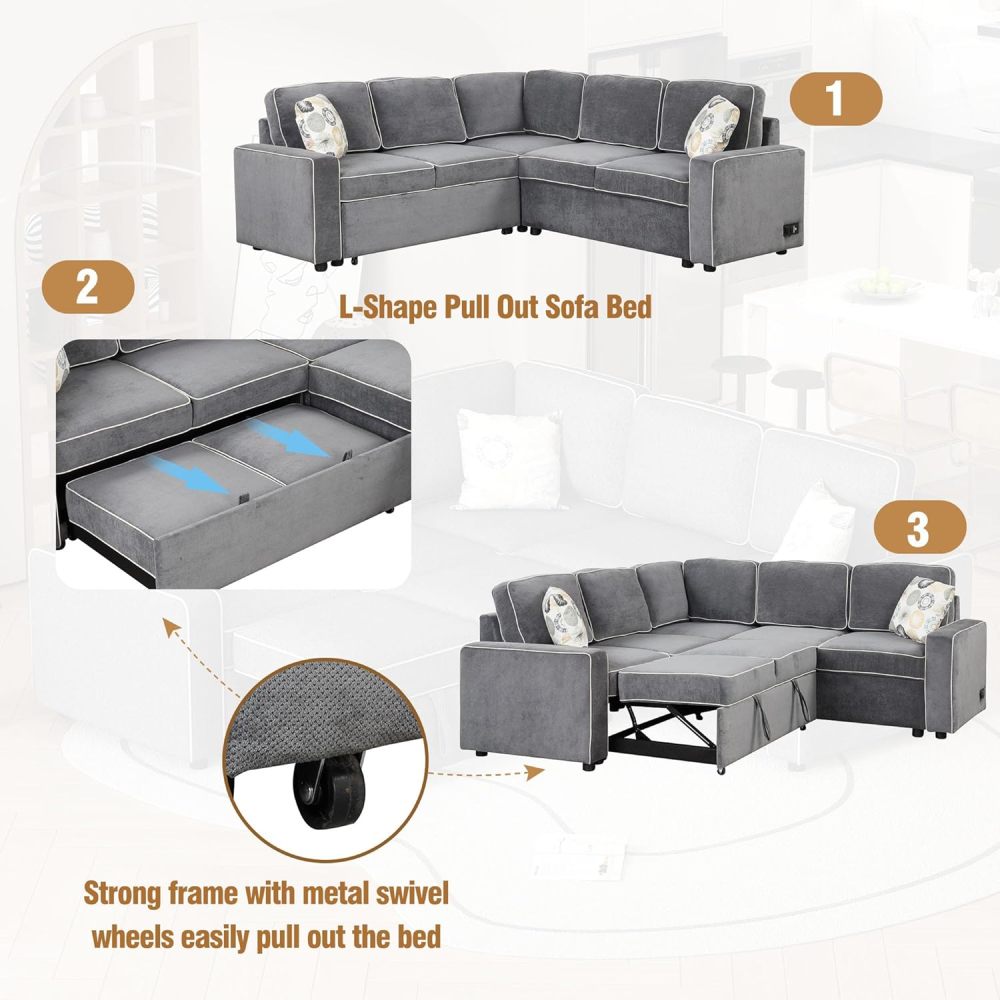 Sofá seccional convertible, sofá cama extraíble con 3 almohadas y 2 puertos USB