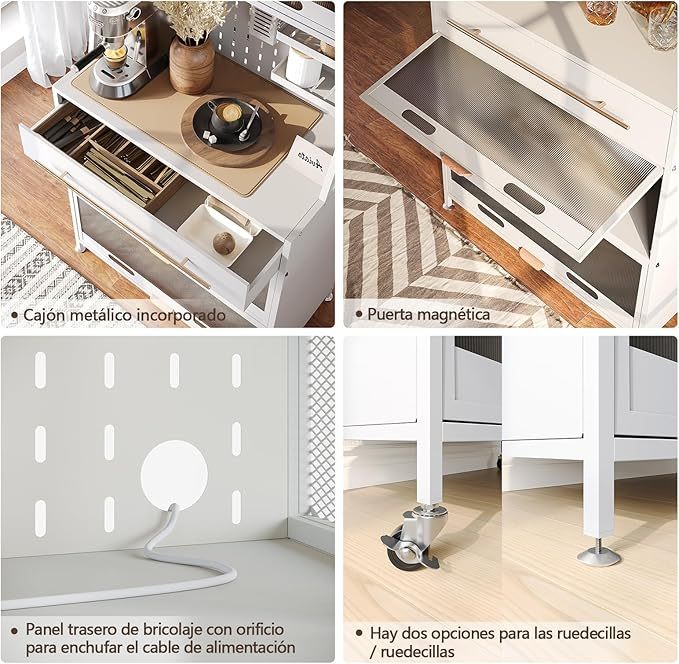 Armario de Cocina, Estante para Microondas, Gran Estante de Almacenaje de Cocina, DIY Creativo, con Ruedas de Freno, para Garaje, Despensa, Cocina, Hogar, Blanco 100×40×165cm