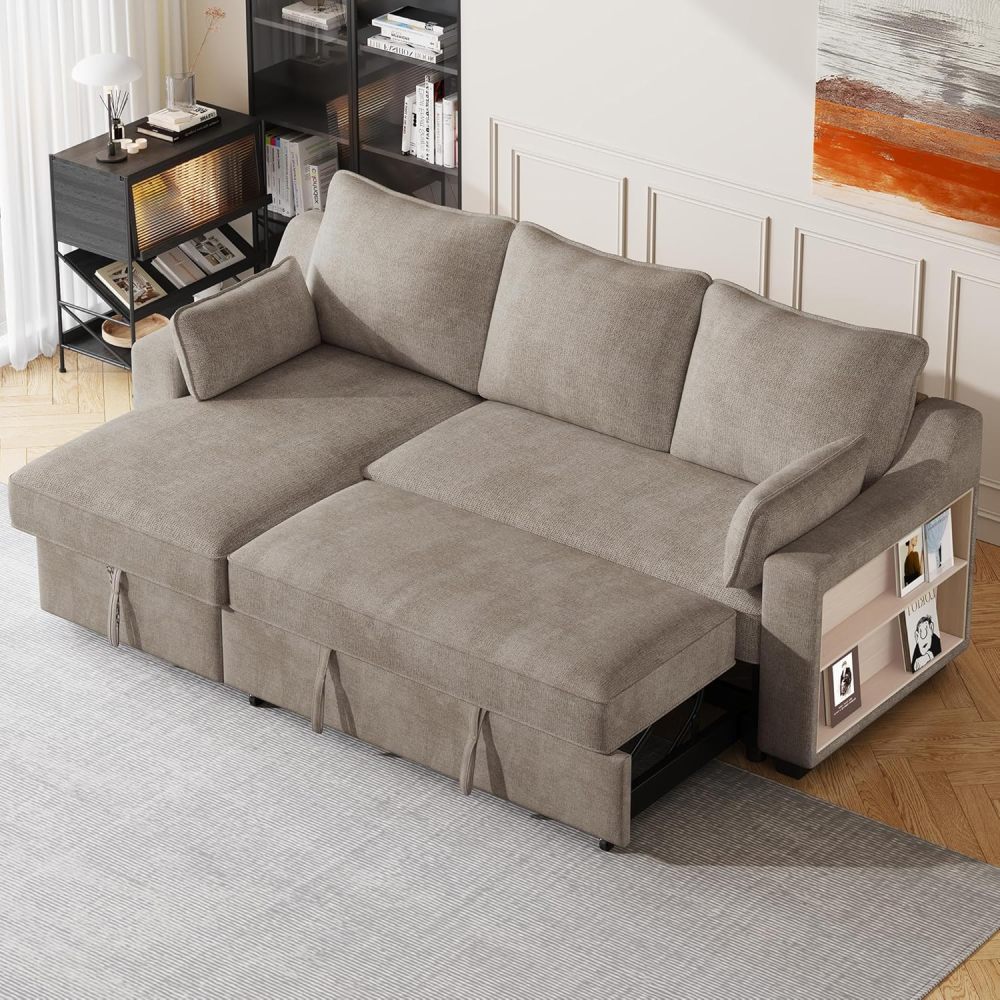 Sofá seccional convertible, sofá cama extraíble con 3 almohadas y 2 puertos USB
