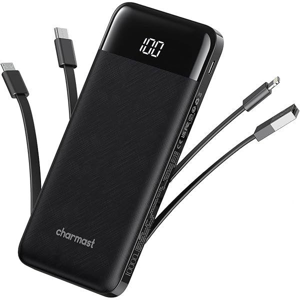 Portable Charger with Built in Cables, Portable Charger with Cords Wires Slim 10000mAh Travel Essentials Battery Pack 6 Outputs 3A High Speed Power Bank for iPhone Samsung Pixel LG Moto iPad A-Black
