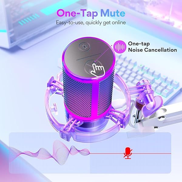 Micrófono USB para juegos, micrófono de condensador con cancelación de ruido, silenciador, ganancia, monitoreo y brazo articulado para transmisión