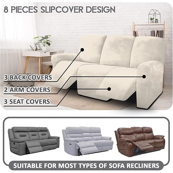 Fundas de sofá reclinables de terciopelo de 8 piezas, fundas elásticas para sofá reclinable de 3 cojines, fundas para sofá reclinable, muebles