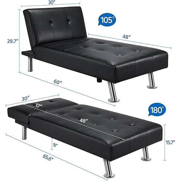 Sofá cama convertible de piel sintética, sofá futón, sofá reclinable moderno, sofá cama con patas de metal cromado