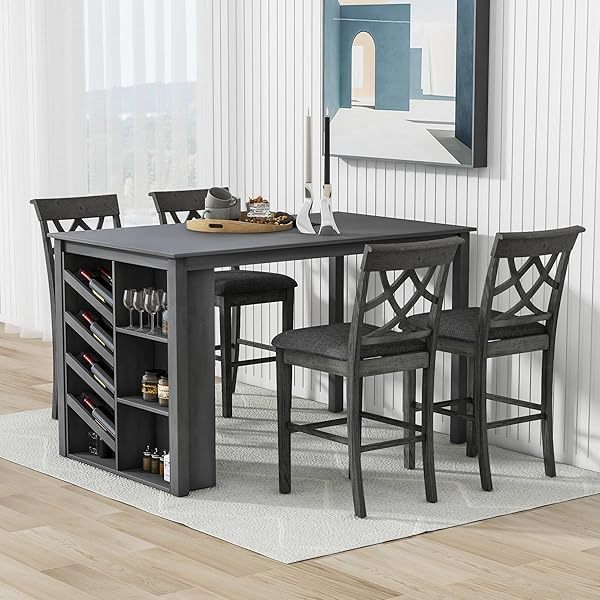 Juego de mesa de comedor de altura de mostrador con 4 sillas, mesa de cocina de madera maciza con gabinete de almacenamiento y cajón, tablero de mesa de mármol sintético, color negro