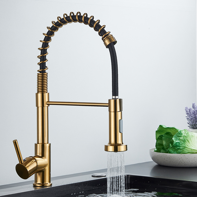 Brushed Gold Kitchen Faucet Pull Down Kitchen Faucet Single Handle Mixer Tap 360 Rotation