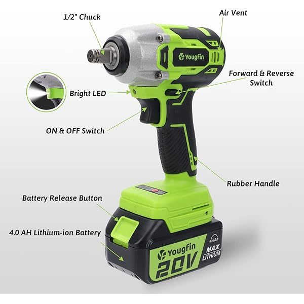 Llave de impacto inalámbrica de 1/2 pulgada para tuercas de orejetas, kit de pistola de impacto eléctrica sin escobillas de 20 V, 400 N.M, destornillador de impacto a batería de 4,0 Ah para trabajo pesado