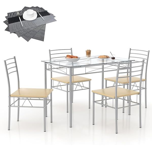 juego de mesa de comedor con mesa de vidrio para 4, Negro