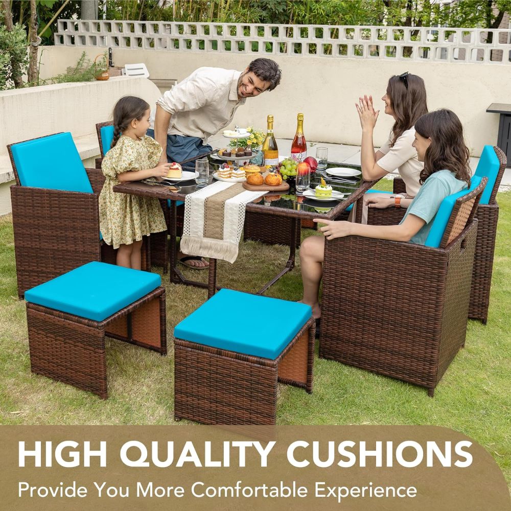 Devoko - Juego de 9 sillas de ratán para patio con mesa de vidrio y mesa de patio con asiento acolchado y parte trasera (beige)