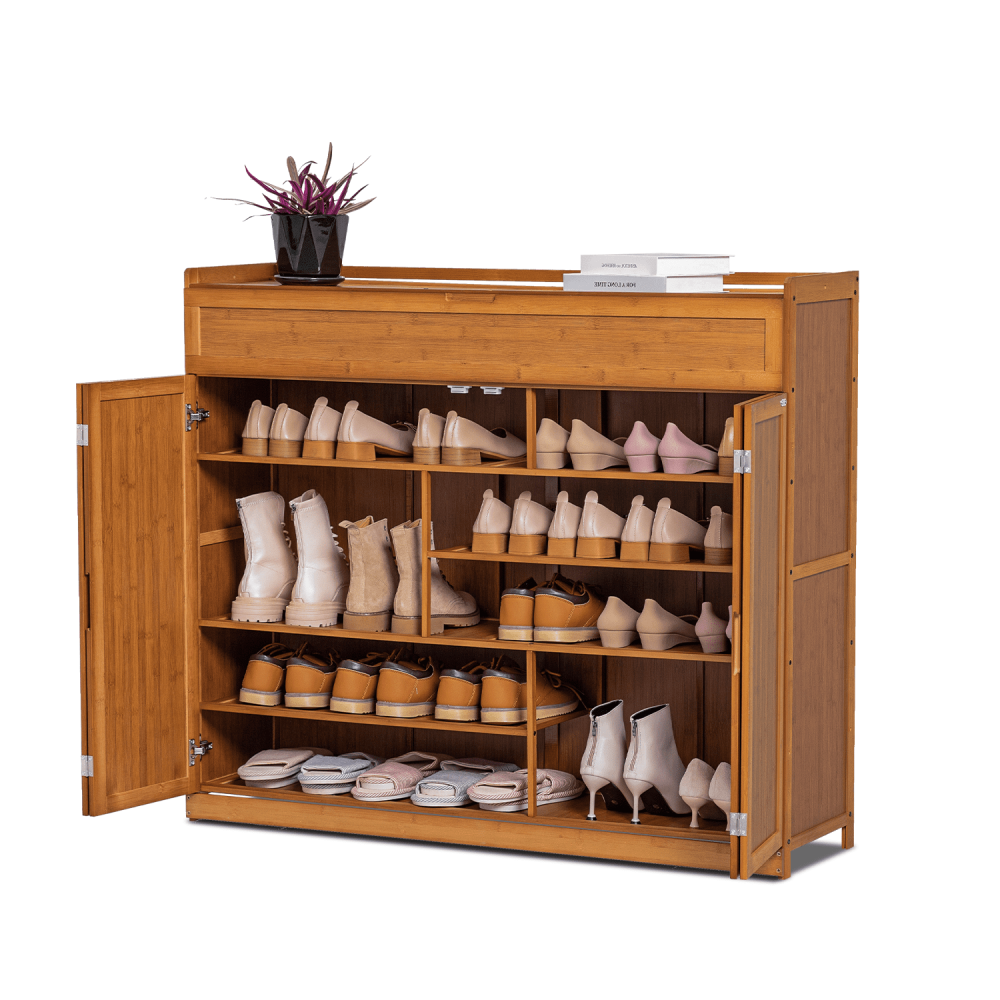 Organizador de zapatos de bambú de 6 niveles con 30 pares de zapatos y compartimento con puerta plegable para tacones y botas, color marrón