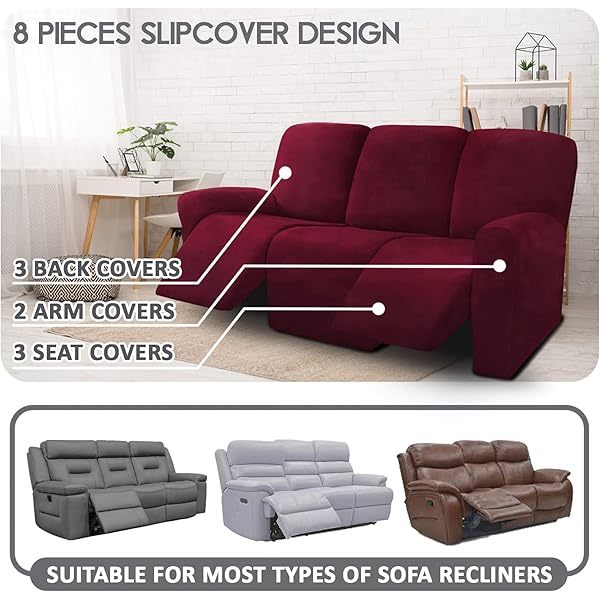 Fundas de sofá reclinables de terciopelo de 8 piezas, fundas elásticas para sofá reclinable de 3 cojines, fundas para sofá reclinable, muebles