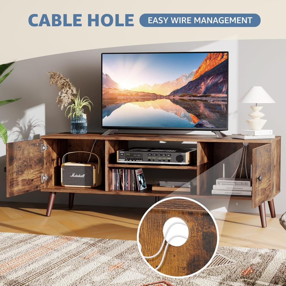 Soporte de TV para TV de 55 a 60 Pulgadas, Centro de Entretenimiento con clóset de Almacenamiento, Mesa Moderna de Consola Multimedia de Mediados de Siglo, bisagra Ajustable, Muebles de
