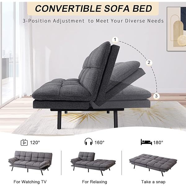 Opoiar Futon Couch,Convertible Futon Sofa Bed,Memory Foam Sleeper Sofa,Adjustable Modern Loveseat,Futon Sets, Sofa Bed for Compact Living Room,Apartment,Office,Grey