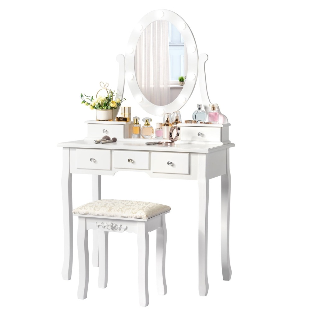 Tocador de Maquillaje con 10 Luces LED - Mesa de Vanity con 5 Cajones + Banco Acolchado - Juego Blanco para Dormitorio