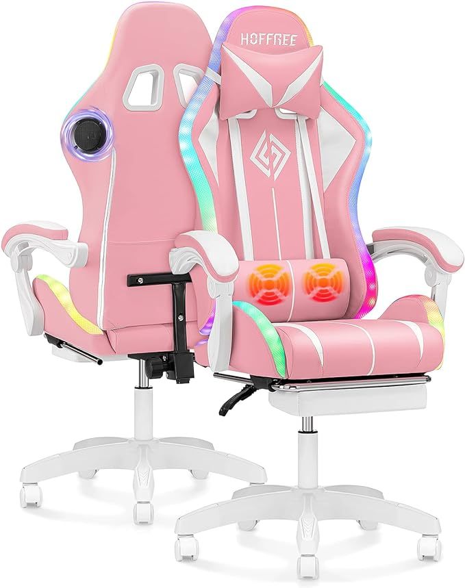 Silla para Juegos con Altavoces Bluetooth y Luces LED RGB, Silla ergonómica de Videojuegos de Masaje con reposapiés de Respaldo Alto con Soporte Lumbar Azul y Negro