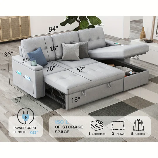Sofá cama capitoné extra grande de 84" con almacenamiento - 2 puertos USB, portavasos, sillón reclinable en forma de L, estructura de madera maciza y estilo contemporáneo - Gris claro