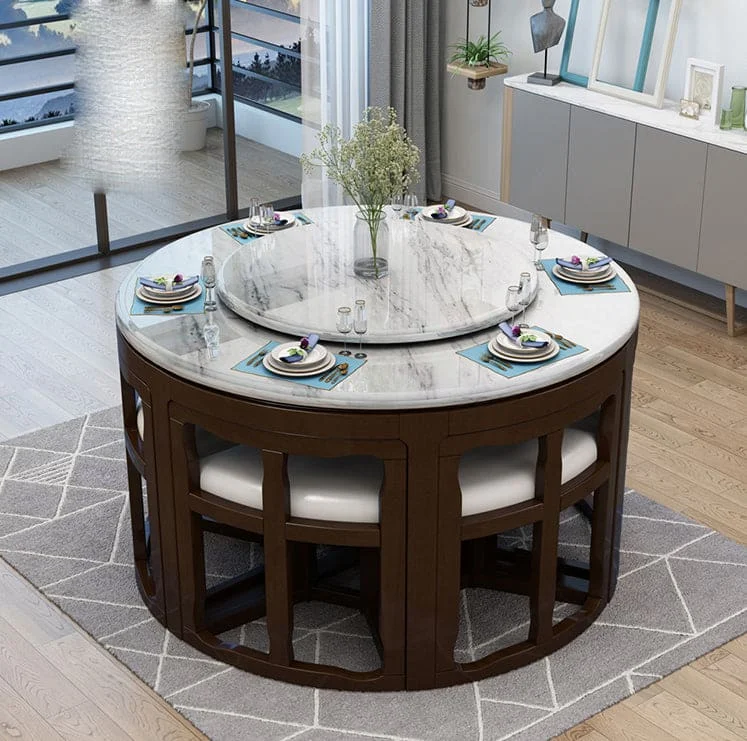 Mesa de comedor de madera maciza de mármol para 6 personas