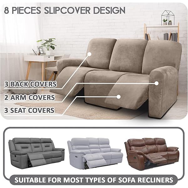 Fundas de sofá reclinables de terciopelo de 8 piezas, fundas elásticas para sofá reclinable de 3 cojines, fundas para sofá reclinable, muebles