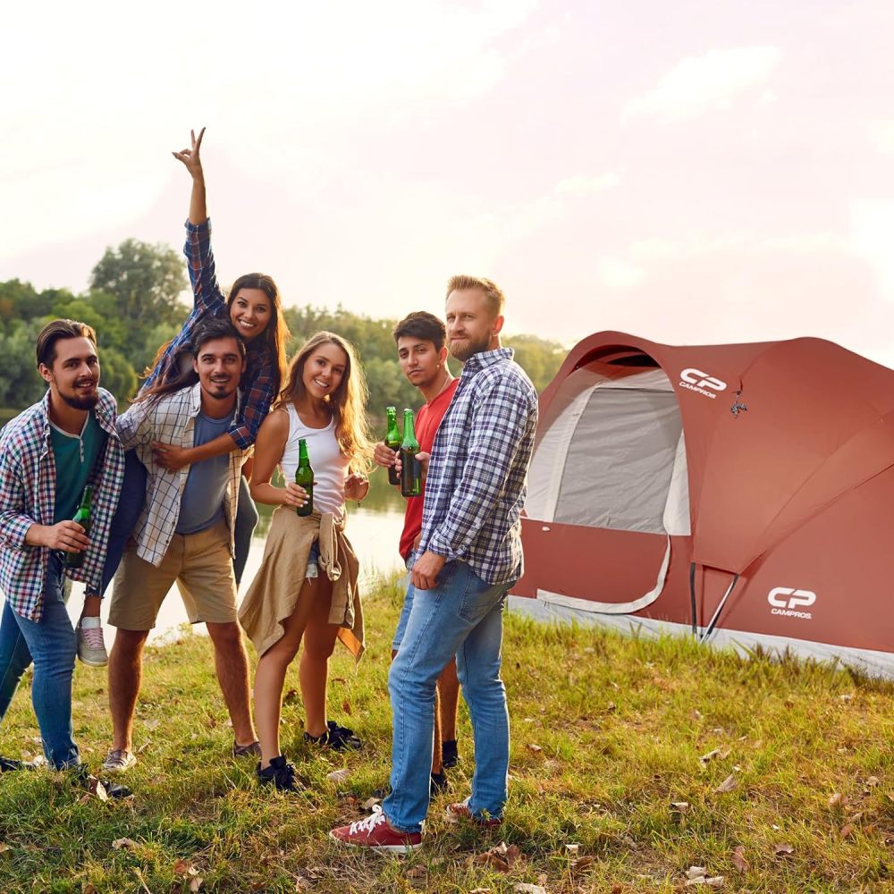 CAMPROS CP - Tienda de campaña para 9 personas, resistente al agua para 2 habitaciones, con mosca superior, 4 ventanas de malla grandes, doble capa, fácil de instalar, portátil con bolsa de transporte
