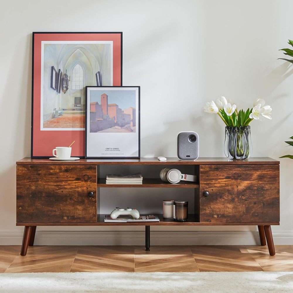 Soporte de TV para TV de 55 a 60 Pulgadas, Centro de Entretenimiento con clóset de Almacenamiento, Mesa Moderna de Consola Multimedia de Mediados de Siglo, bisagra Ajustable, Muebles de