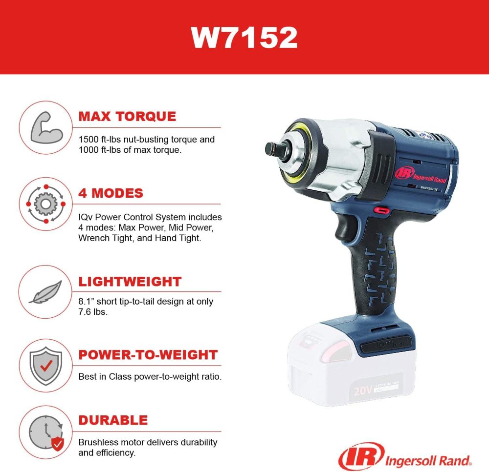 W7152-K22 Kit de batería de 1/2 "20V Llave de impacto inalámbrica, torque de 1500 ft