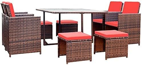 Devoko - Juego de 9 sillas de ratán para patio con mesa de vidrio y mesa de patio con asiento acolchado y parte trasera (beige)