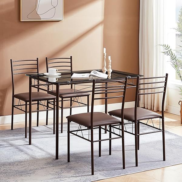 juego de mesa de comedor con mesa de vidrio para 4, Negro