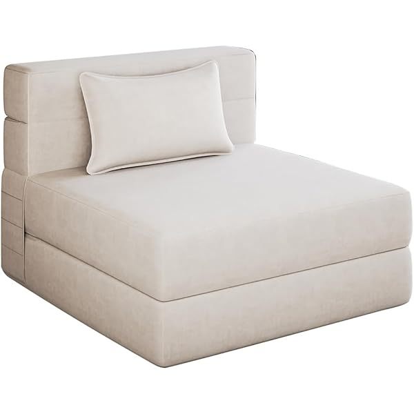 Sofá cama plegable individual con almohada, sofá cama plegable portátil para viajes, campamentos, invitados, tumbona plegable con funda transpirable y lavable, convertible y fácil de guardar, color blanco roto