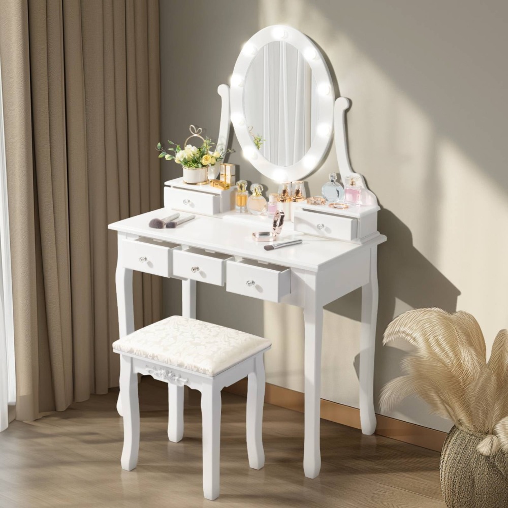 Tocador de Maquillaje con 10 Luces LED - Mesa de Vanity con 5 Cajones + Banco Acolchado - Juego Blanco para Dormitorio