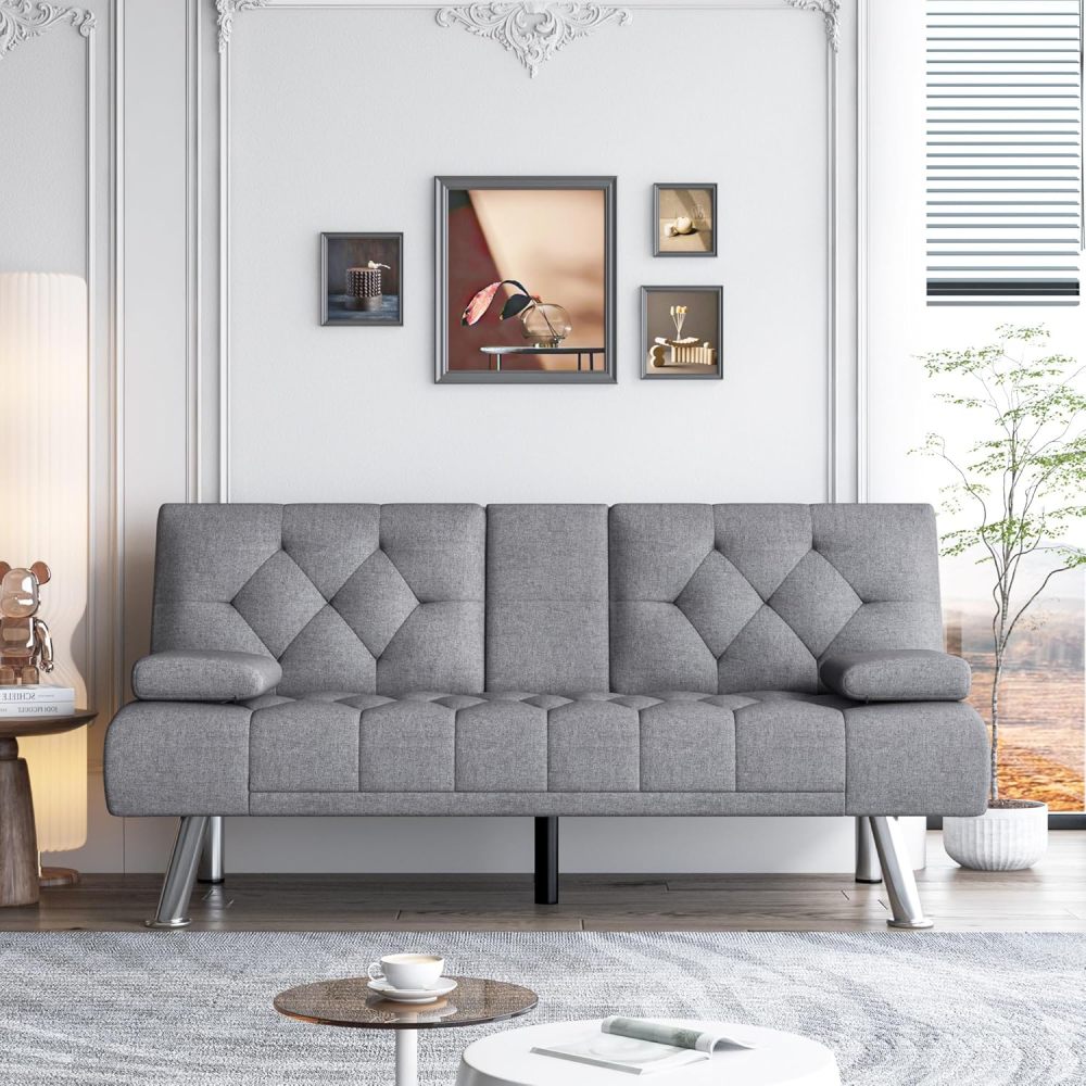 Sofá cama futón, sofá futón plegable convertible tapizado moderno, 2 portavasos, patas de metal