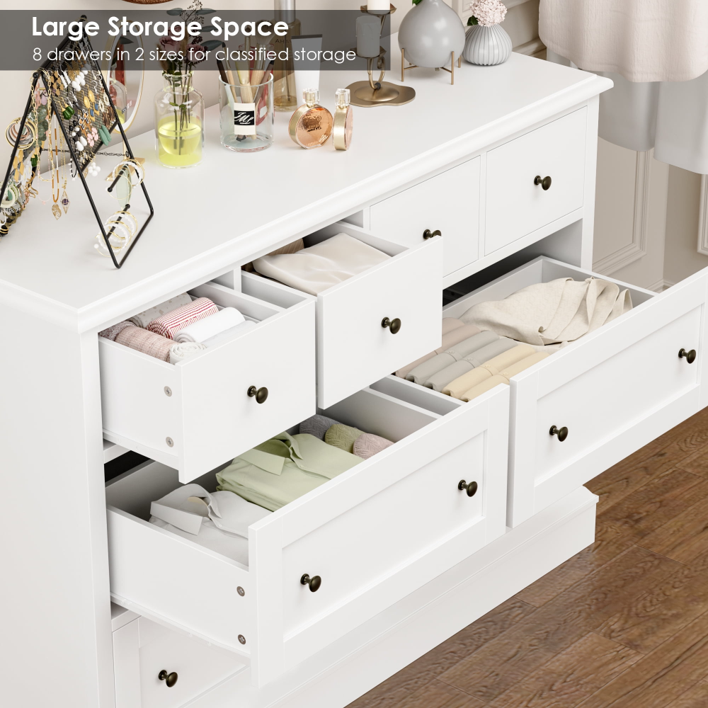 Cómoda horizontal combinada de 8 cajones para dormitorio, cómoda blanca moderna, mueble de almacenamiento de madera para sala de estar