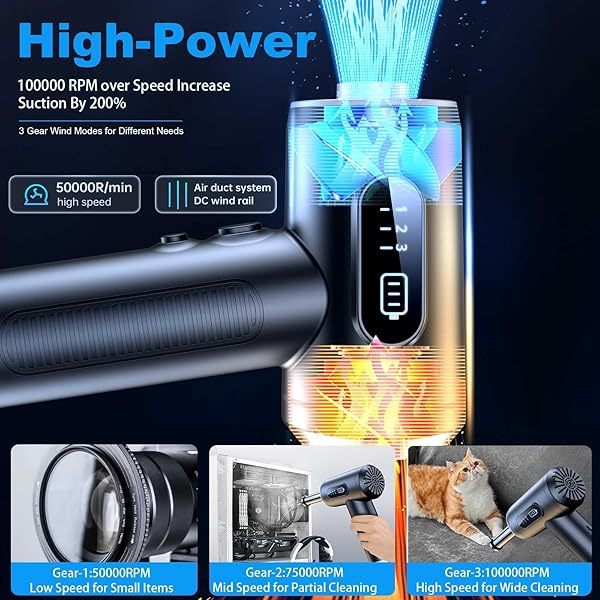 Plumero de aire comprimido, soplador de aire eléctrico portátil inalámbrico de 3 velocidades a 100000 RPM con luz LED, para limpiar teclados y PC, kit de limpieza de aire (sin plumeros de aire enlatados), recargable (negro)