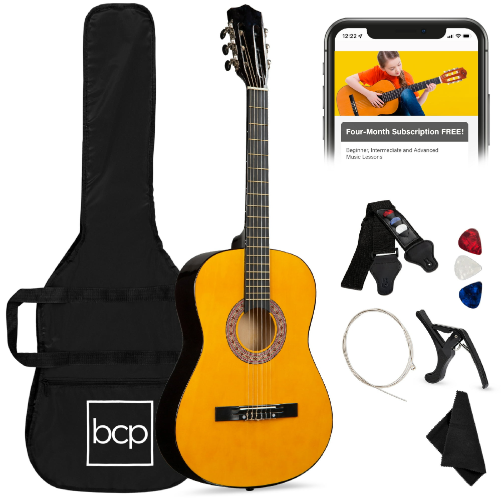 Kit de inicio para guitarra acústica de 38 pulgadas para principiantes con funda, correa y cuerdas adicionales, color natural