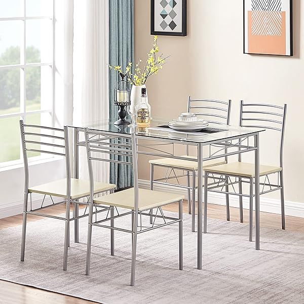 juego de mesa de comedor con mesa de vidrio para 4, Negro