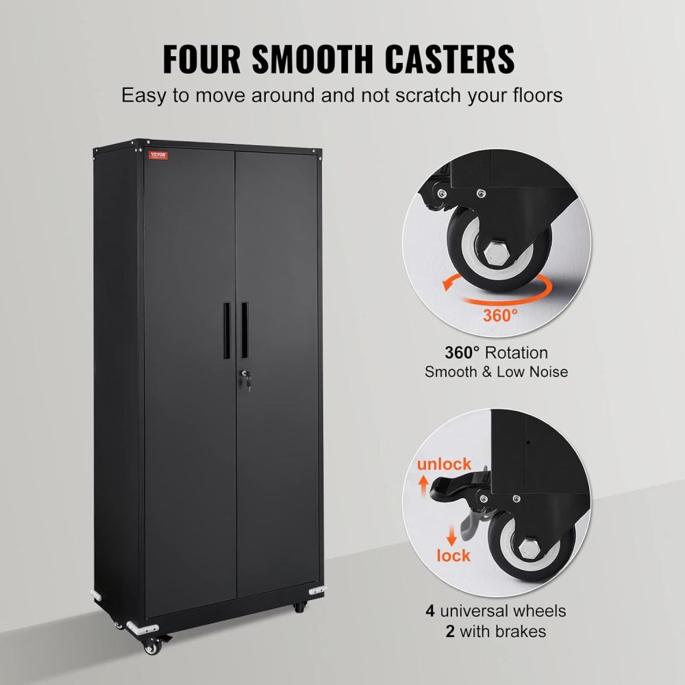 Metal Storage Cabinet with Wheels, 75'' Locking Steel Storage Cabinet with 2 Magnetic Doors and 4 Adjustable Shelves for Office, Garage, Home