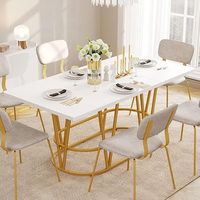 Mesa de Comedor Moderna para 6 a 8 Personas, Mesa de Cocina grande de 70.3 Pulgadas con Mesa de mármol sintético y Patas geométricas Doradas, Mesa de Comedor de Madera para reuniones