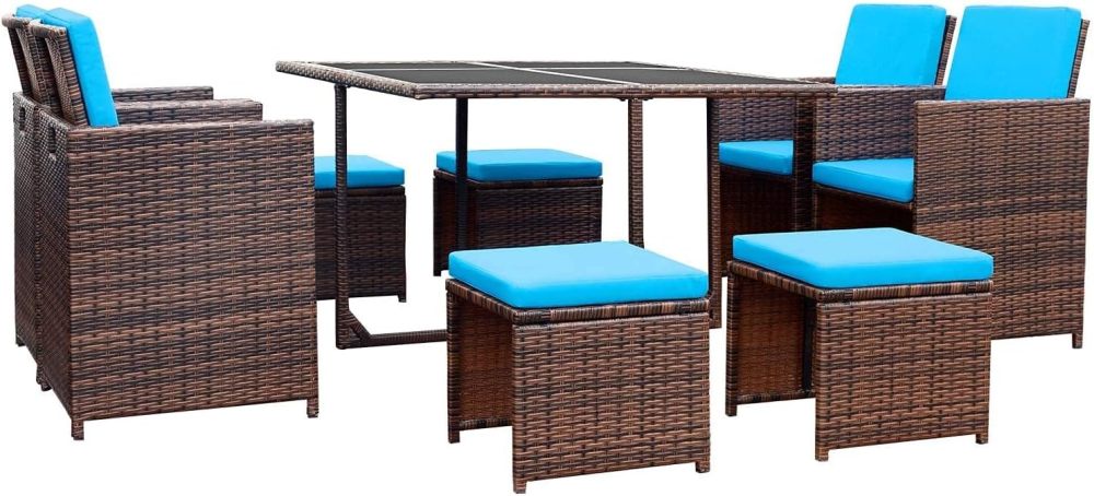 Devoko - Juego de 9 sillas de ratán para patio con mesa de vidrio y mesa de patio con asiento acolchado y parte trasera (beige)