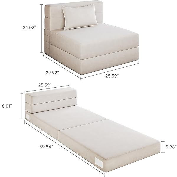 Sofá cama plegable individual con almohada, sofá cama plegable portátil para viajes, campamentos, invitados, tumbona plegable con funda transpirable y lavable, convertible y fácil de guardar, color blanco roto
