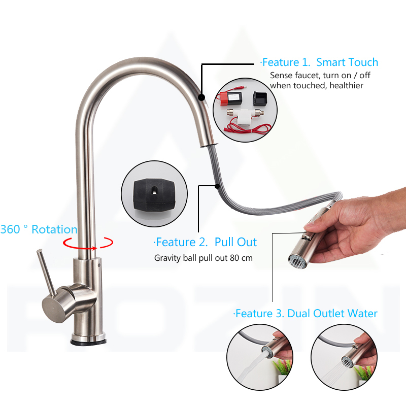 Grifo de cocina Smart Touch negro extraíble con sensor y rotación de 360 ​​grados, color negro y níquel