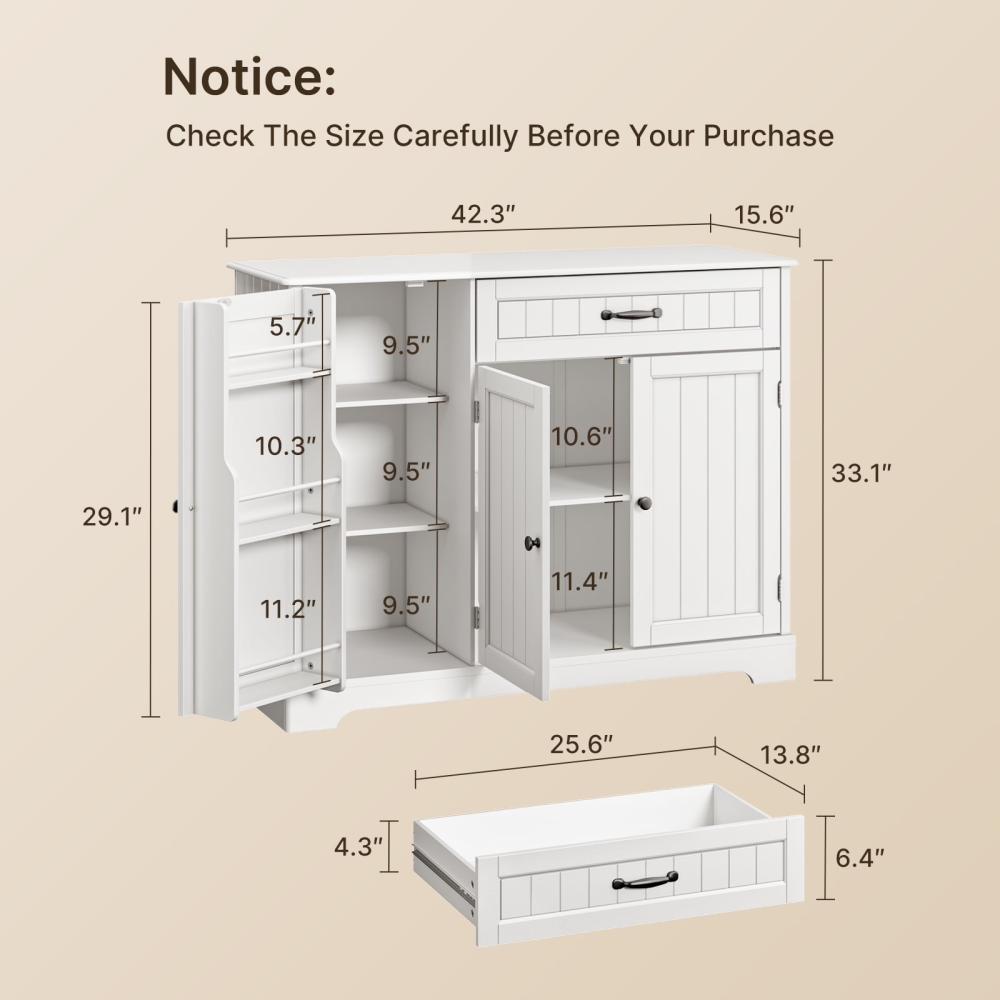 Barra de café, gabinete de almacenamiento de cocina de 42", aparador tipo buffet con 8 estantes, 1 cajón
