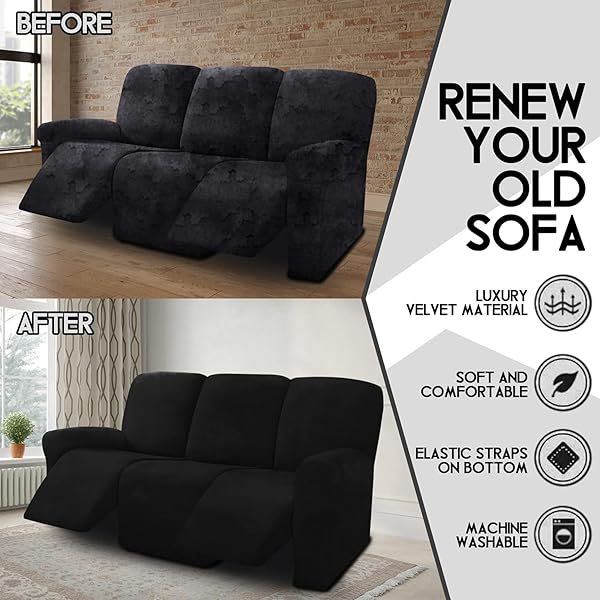 Fundas de sofá reclinables de terciopelo de 8 piezas, fundas elásticas para sofá reclinable de 3 cojines, fundas para sofá reclinable, muebles