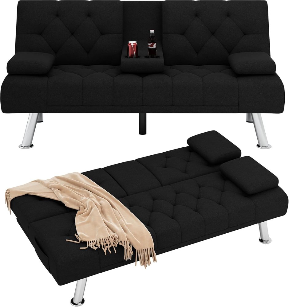 Sofá cama futón, sofá futón plegable convertible tapizado moderno, 2 portavasos, patas de metal