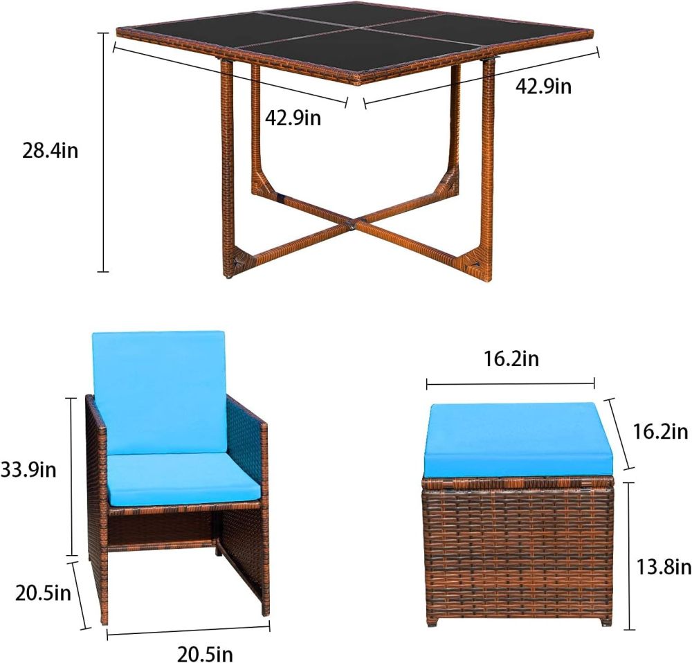 Devoko - Juego de 9 sillas de ratán para patio con mesa de vidrio y mesa de patio con asiento acolchado y parte trasera (beige)
