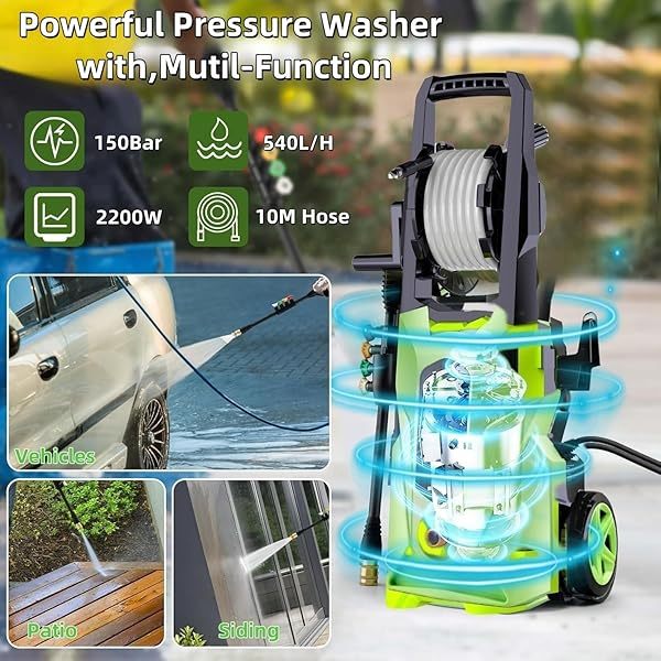 Hidrolimpiadora de Alta Presion, 2200W 150Bar Presión de Trabajo, Caudal 540L/H con Boquilla Ajustable, Hidrolimpiadora Profesional para Coches, Vallas, Patios | Manguera de 10 m Incluida Verde