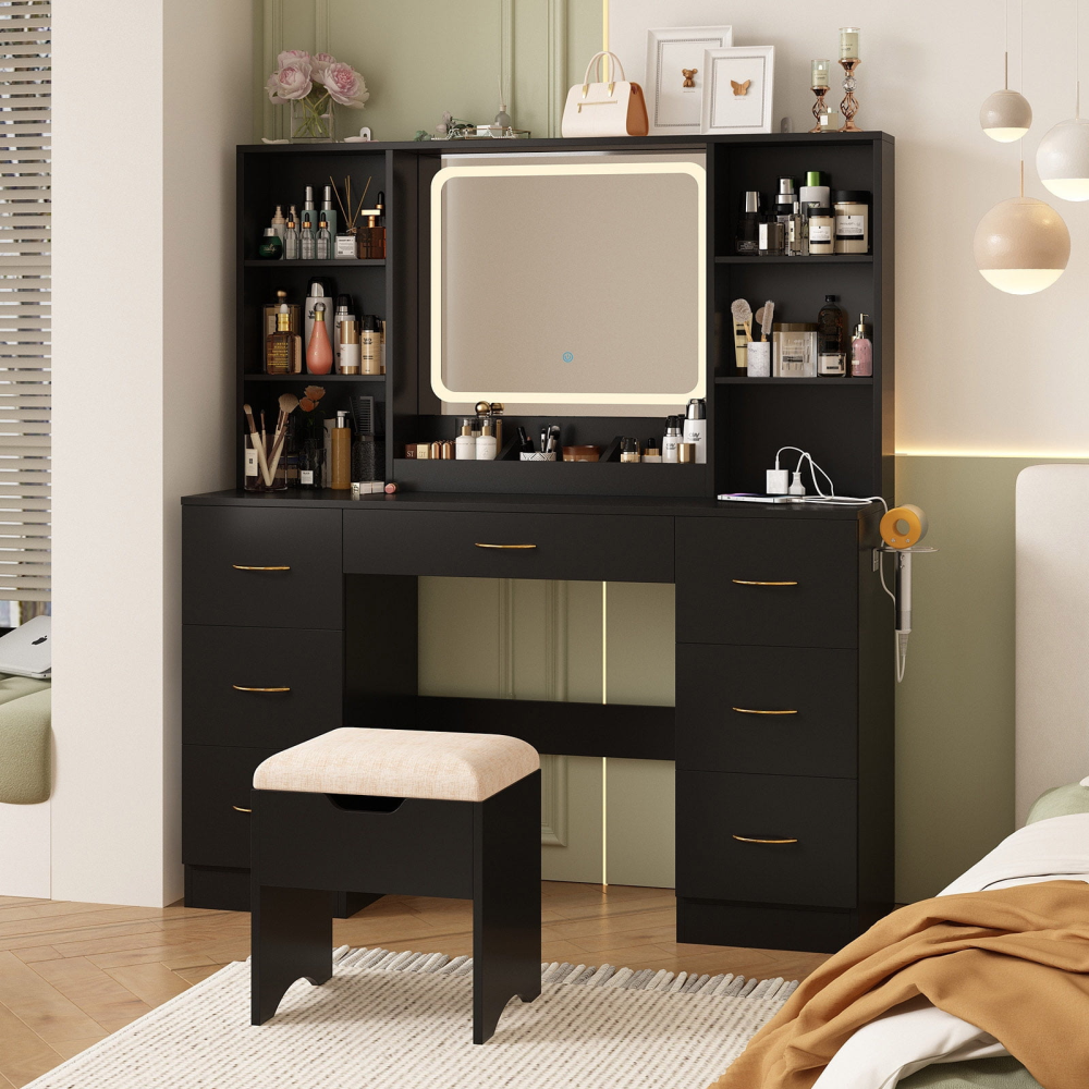 Tocador grande de 47" con espejo con luz LED, toma de corriente y 7 cajones, juego de tocador con taburete de almacenamiento y soporte para secador de pelo.