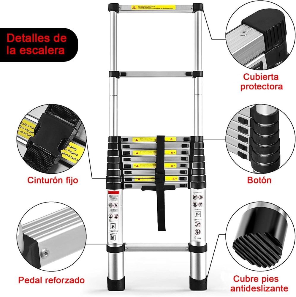 Escalera Telescópica de 3.8 Metros, Escalera de Telescópica de Aluminio Soporta 150 kg, Plegable De retracción Multiusos Extensible Compacta y Portátil De Escalón-Guantes antideslizantes anti