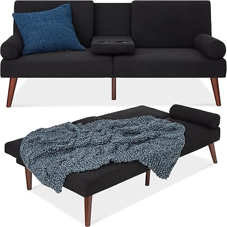 Futón tapizado moderno de mediados de siglo, sofá cama plegable convertible, 2 portavasos