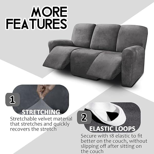 Fundas de sofá reclinables de terciopelo de 8 piezas, fundas elásticas para sofá reclinable de 3 cojines, fundas para sofá reclinable, muebles
