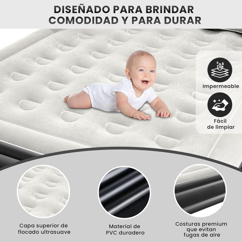Colchón de Aire Inflable con Cabecero, Bomba de Aire Eléctrica Inalámbrica, 2 Almohada Inflable, Inflado Rápido Automático, Cama Inflable Queen para Hogar, Viajes y Camping