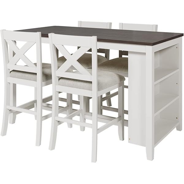 Juego de mesa de comedor de altura de mostrador con 4 sillas, mesa de cocina de madera maciza con gabinete de almacenamiento y cajón, tablero de mesa de mármol sintético, color negro